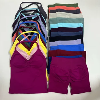 Damen Yoga-Set Nahtloses Yoga-Longline-Trägertop Scrunch Sportshorts Fitnesskleidung Sommer-Workout-Outfit