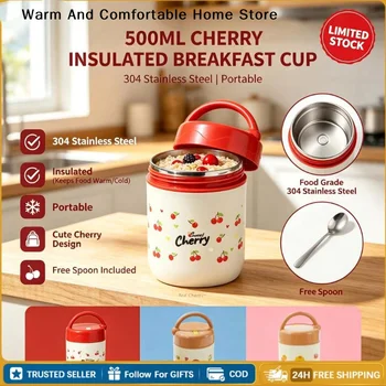 【W】500 ml Cherry 304 Edelstahl-Isolier-Lunchbox, tragbarer Frühstücksbecher mit Thermotasche