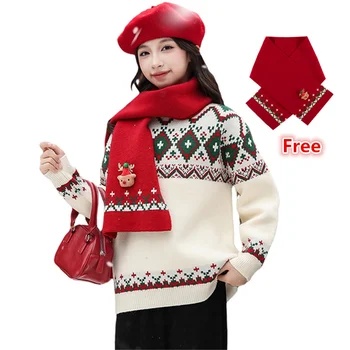 Eleganter Mädchen-Weihnachtspullover mit Schal für Kinder, Neujahr, gestrickte Kleidung für Babys, Kinder