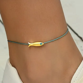Niedliche blaue Fisch-Fußkettchen für Damen und Mädchen, böhmischer Stil, goldfarben, Tier, handgefertigt