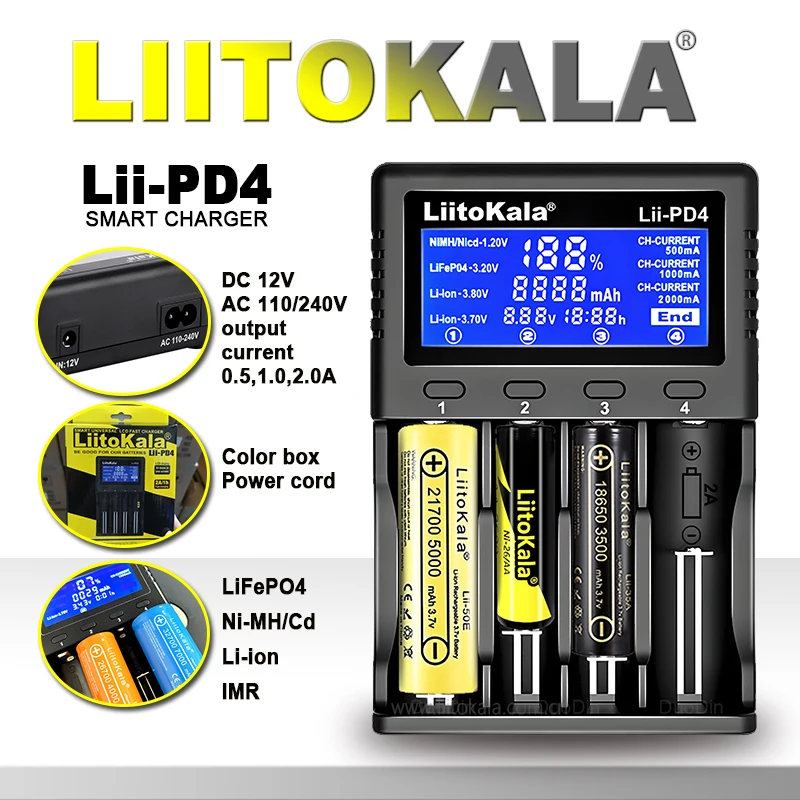 Akku-Ladegerät mit LCD, 2 oder 4 Schächte, 21700/18650/AA/AAA