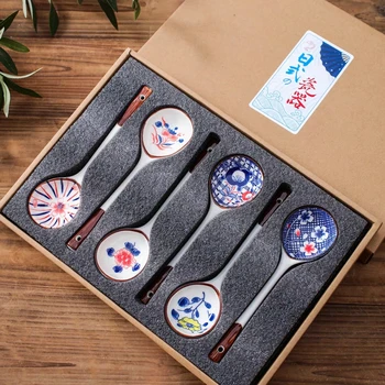 Geschenkset, Haushalts-Keramiklöffel, handbemalt, Löffel mit langem Griff, kreativer Dessertlöffel