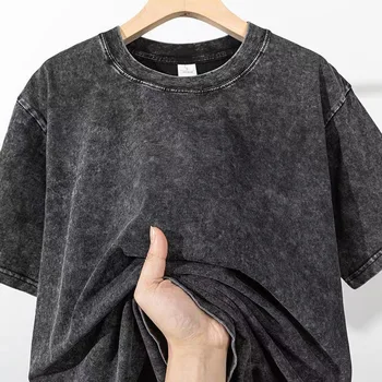 Herren Sommer T-Shirt 230G schwere Baumwolle Vintage gewaschene T-Shirts übergroße Kurzarm lose Streetwear