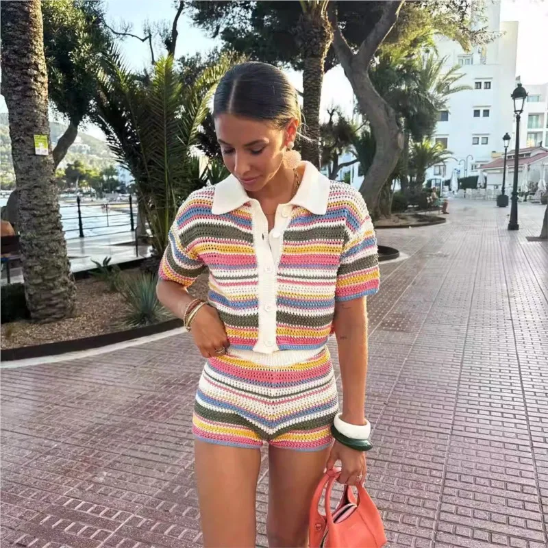 Frauen Patchwork Gestreiften Aushöhlen Häkeln Gestrickte Crop – Bild 2
