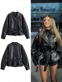HH Frauen Mode Schwarz Kurze Kunstleder Trenchcoat Langarm Revers Jacke Mit Gürtel Vintage Dame Motorrad Jacke