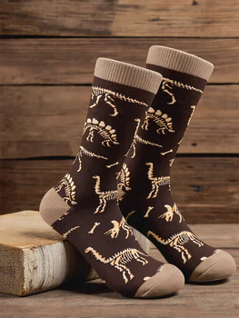 1 Paar lässige Baumwollsocken für Herren mit Dinosaurier-Skelett-Aufdruck, Crew-Socken mit neuartigem