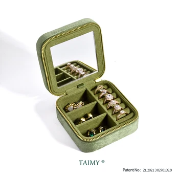 TAIMY Vintage Samt Reise Schmuck Aufbewahrung Ring Box Flip mit Spiegel Organizer Unterstützung Logo Custom