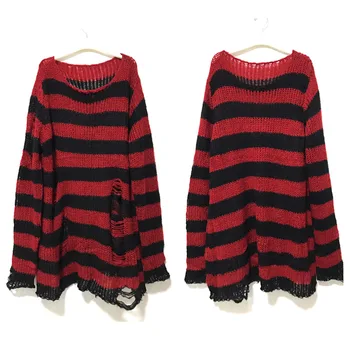 Punk Gothic Lange Unisex Pullover Sommer Frauen Gestreiften Kühlen Aushöhlen Loch Gebrochen Jumper Lose Rock