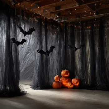 Großer schwarzer transparenter Tüll - Halloween Grusel-Party-Deko, eleganter Türvorhang, Wand