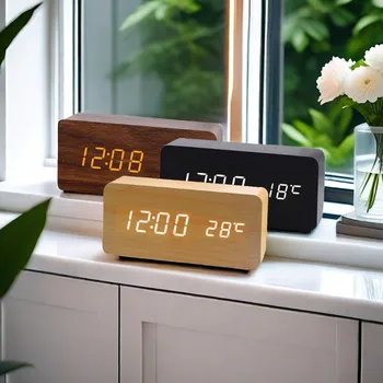 Wecker LED Holzuhr Tischuhr Sprachsteuerung Digital Holz Despertador Elektronische Tischuhr