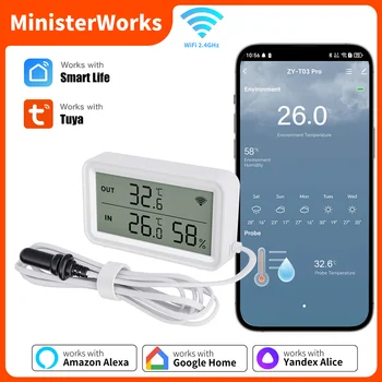 Tuya WiFi Temperatur Feuchtigkeit Sensor Mit Externe Sonde APP Fernbedienung Thermometer Hygrometer Arbeit