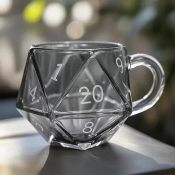 Transparenter Glas-Regenbogen-D20-Würfelbecher mit Griff, polyedrische Würfel mit Fantasy-Thema, Kaffeetasse