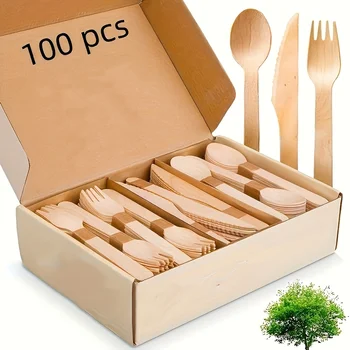 Holzbesteck - 100/200 Einwegutensilien (50/100 Gabeln, 25/50 Messer, 25/50 Löffel), geeignet