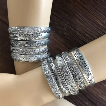 Retro Manschette Armbänder Tibet Silber Metall Carving Fisch Elefant Blume Armreifen Vintage Gypsy Schmuck