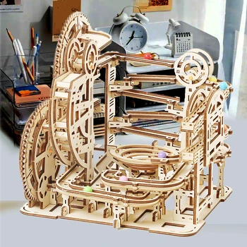 3D-Holzpuzzle, Gebäudemodellbausätze, Marmor läuft mechanische Puzzles, Selbstmontage-Spielzeug, DAMPF