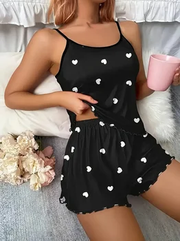 5 Größen zur Auswahl: S, M, L, XL, 2XL, zweiteiliges Damen-Pyjama-Set mit Hosenträger-Herz-Aufdruck