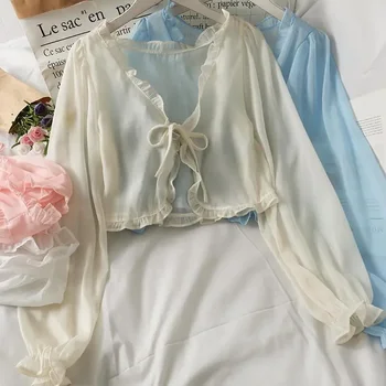 Frauen Sommer Sonnenschutz Mantel Spitze Bogen Rüschen Strickjacke Hemd Weibliche Bluse Tops für Frau