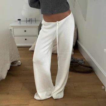Grundlegende, solide, gerippte Strickhose mit niedriger Taille, lässige, lockere Hose mit Kordelzug und weitem