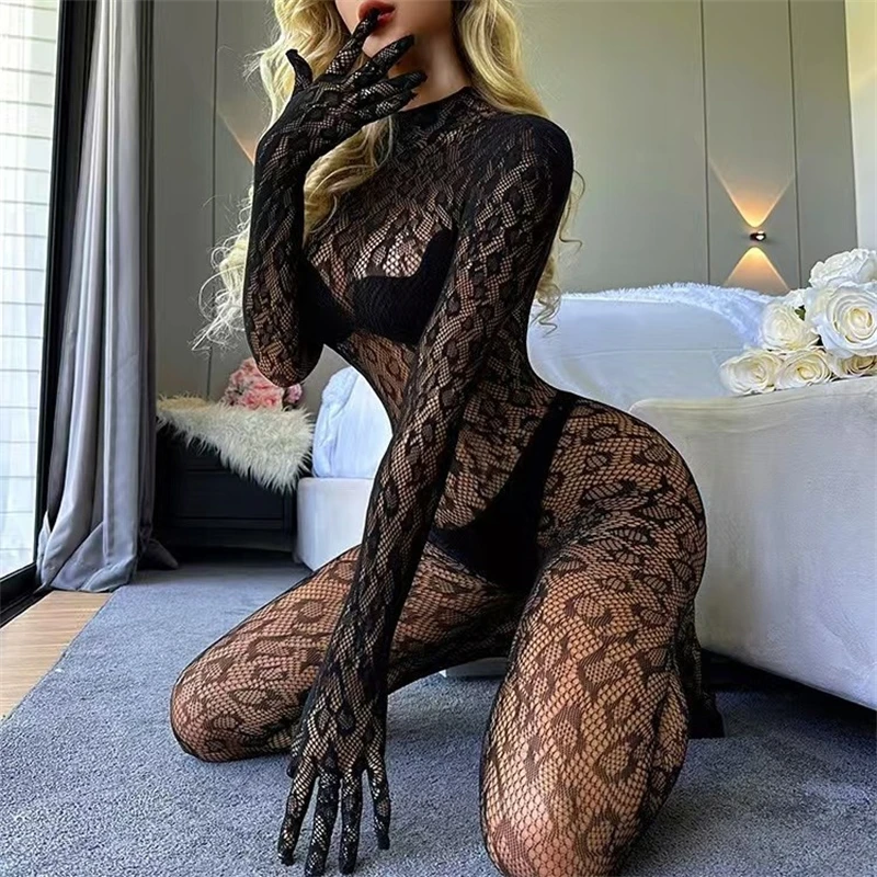 Frauen Sexy Leopard Aushöhlen Mesh Bodystocking Fishnet – Bild 3