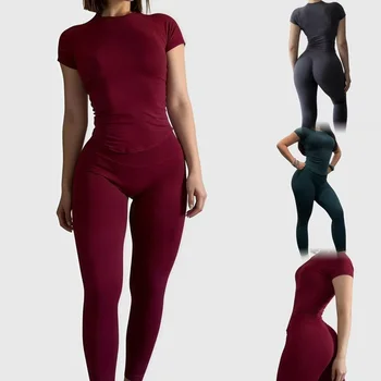 Sportset für Damen: Yoga Slim Fitness Active Top und Nahtlose Kurze Leggings mit Niedrigem (2 Stück)