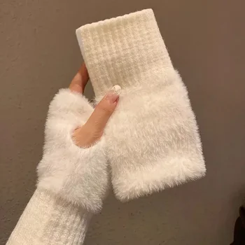 Weiche Winter Halbe Finger Handschuhe Frauen Warme Luxus Solide Weiß Plüsch Gestrickte Fingerlose Handschuhe
