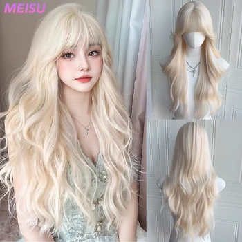MEISU 26-Zoll-synthetische wassergelockte Wellenperücken Air Bangs Hair PLATINUM Hitzebeständiges natürliches