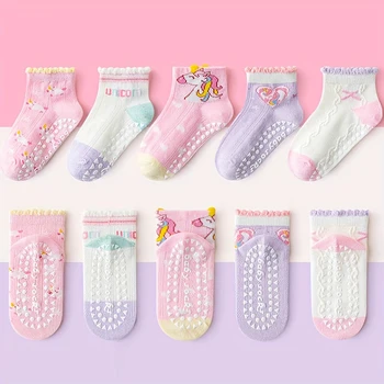 5 Paar Kinder-Bodensocken mit Spitzenkleber, Herz-Einhorn-Muster, Jungen und Mädchen, Baby-Kleinkind-Schuhe
