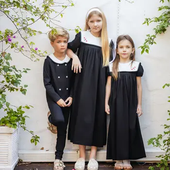 Ali Plus 2026 SS Matrosen-Maxi-Outfits für Kinder aus Baumwolle mit Stickerei und abnehmbarem weißem Kragen