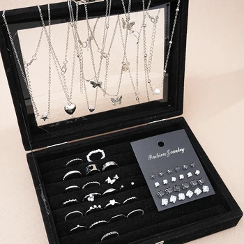 Silber Farbe Chic Schmuck Set Für Frauen Mode Schmetterling Herz Perlen Halsketten, Ohrringe (51 Stück)