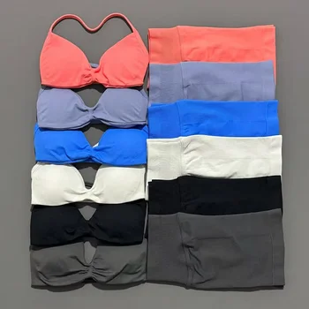 Yoga-Gymnastik-Set für Damen, nahtloser Riemchen-Yoga-BH, hohe Taille, Workout, Scrunch-Shorts (2 Stück)