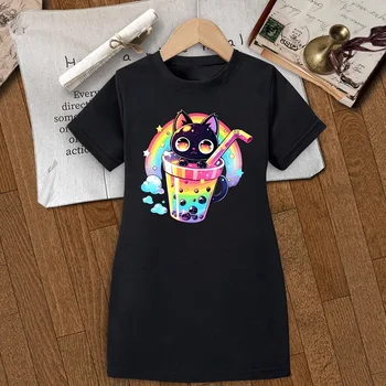 Kinderkleidung für Mädchen: Kurzärmliges langes T-Shirt-Kleid, Ins-Stil für ältere Kinder