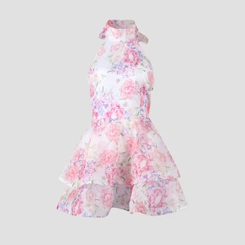 Schickes, mit Blumenmuster bedrucktes Minikleid, rückenfrei, ärmellos, Saum, Stapelkleider, süße A-Linie