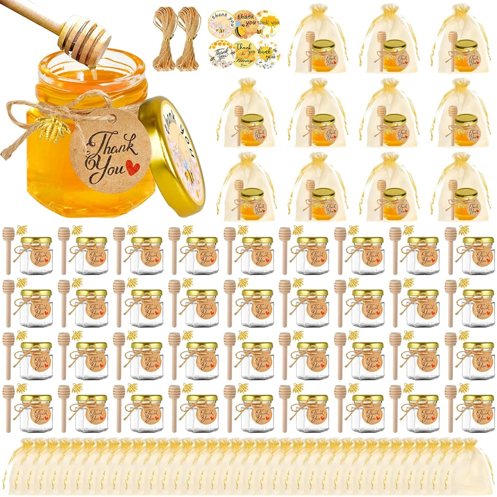 1,5 oz sechseckige Mini-Glas-Honiggläser mit Holzspatel