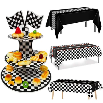 Rennwagen-Thema, 3-stöckig, rund, aus Pappe, Cupcake-Ständer, Autos, Geburtstagsparty, Tischdecke