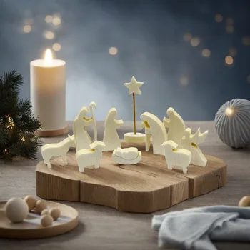 Krippenset aus Holz - moderne Weihnachtsszendekoration - Set mit 11 Naturholzfiguren