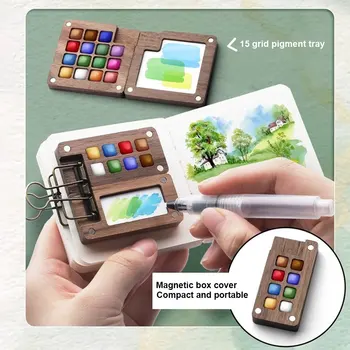 Mini-Aquarellfarben-Set, tragbares Taschen-Künstler-Reise-Kunst-Malset mit Clip, Holz, 8/15 Gitterbox