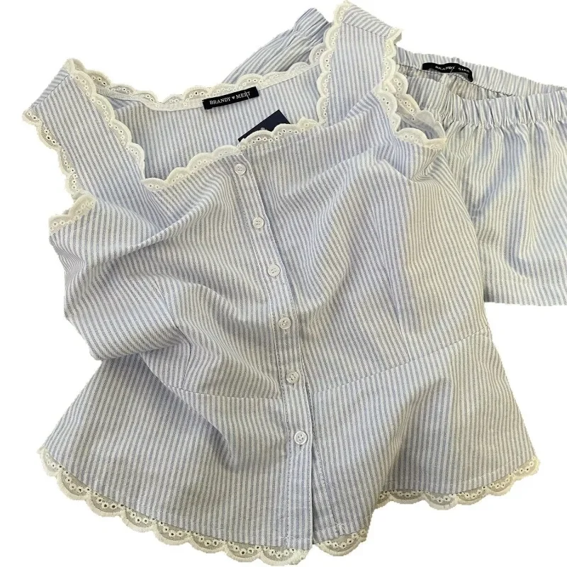 Gestreifte Frauen Pyjamas Sommer Nachtwäsche Ärmellose Shorts – Bild 5