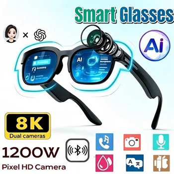 KI-Smart-Brille mit 8MP HD-Kamera, 8K-Aufnahme, KI-Echtzeit-Übersetzung, Bluetooth 6.0 Kopfhörern