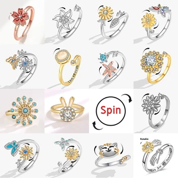SMJEL Modischer Kirschblüten-Angstring, Fidget-Spinner-Ringe für Frauen, süße Katze, Biene, Hase