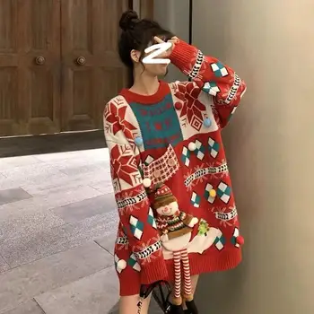 2025, neuer Weihnachtspullover für Damen im Herbst und Winter, rotes, lockeres, dickes Oberteil, japanisch
