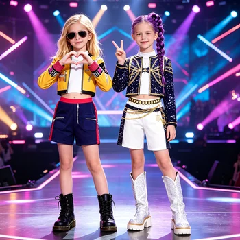 2026 Kinder Mädchen K-Pop Bühnen-Performance-Kostüm Hip-Hop-Outfit Cropped Jacke+Shorts 2-teiliges Set