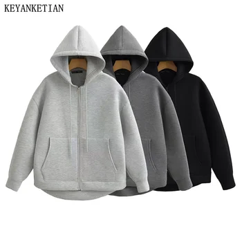 KEYANKETIAN Winter Neue frauen Zipper Hoodie High Street Unisex stil Doppel Taschen Oversize Lose Sweatshirts