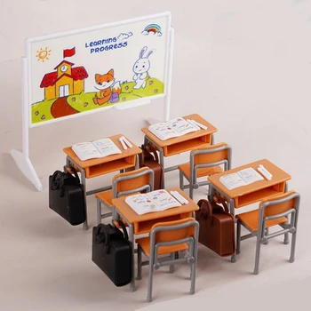 1:12 Puppenhaus Miniatur Schreibtische Stühle Schulranzen Modell Tafel Klassenzimmer Dekor Spielzeug Puppe