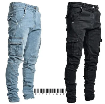 Jeans Männer Hosen Waschen Einfarbig Multi Taschen Denim Mittlere Taille Cargo Jeans Plus Größe Mode Casual