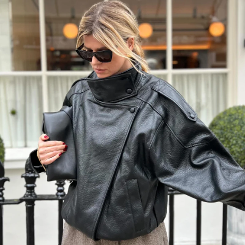 HXAO Neue Ankunft Damen Bomberjacke Leder Schwarz Jacken – Bild 2