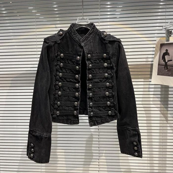 Punk-Stil, schwarze Stehkragen-Jeansjacken, Vintage-Stil, gewaschener Motormantel für Frauen, 2025, Herbst