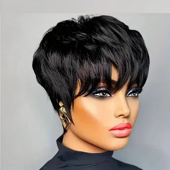Pixie-Cut-Perücken für Damen, Echthaar, kurze Bob-Perücke mit Pony, geschichtete Pixie-Cut-Perücke, 9A