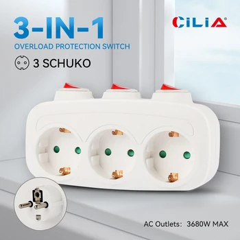 CILIA 1/2 Stück EU-Stecker, 3-in-1, Steckdose mit 3 Schaltersteuerung, Multi-Steckdosenleiste, 3 Steckdosen