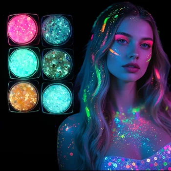 Im Dunkeln leuchtendes Glitzer-Gel auf Wasserbasis, grober Glitzer für Mardi Gras, Weihnachten (6 Stück)