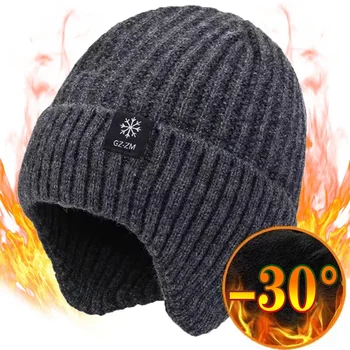 Outdoor Männer Winter Gestrickte Hut Plüsch Wärme Schirmmütze Ohrenschützer Lässige Mode Faux Pelz Gefüttert